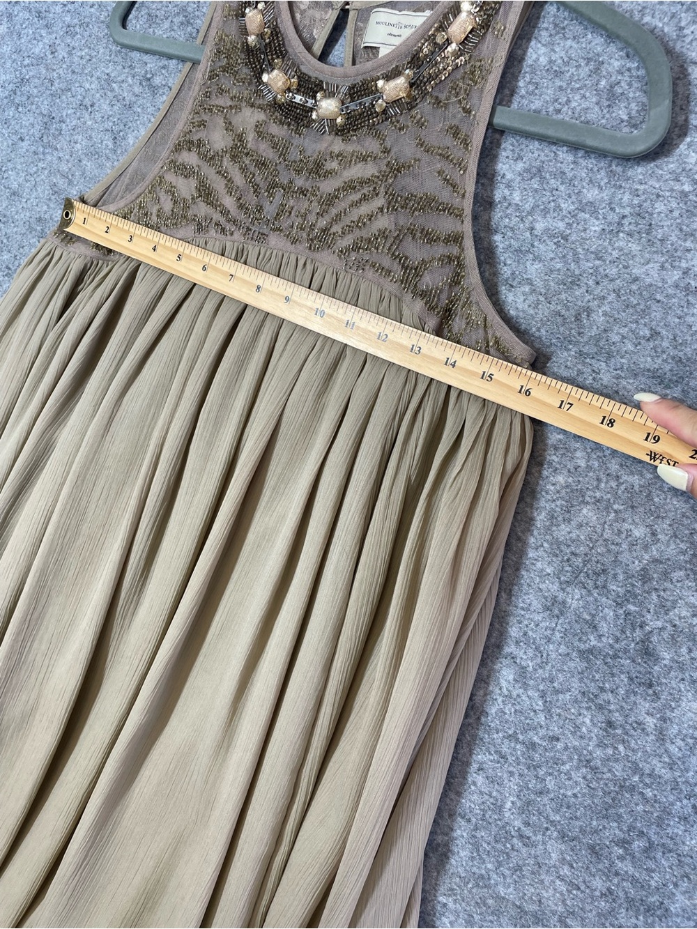Anthropologie Moulinette Soeurs Beaded Chiffon Dress 6 Taupe Grecian Boho Tunic - Picture 8 of 16
